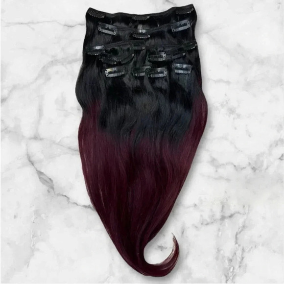 16 Inch Human Hair Clip in Black & Red Balayage Extensions - Picture 1 of 5